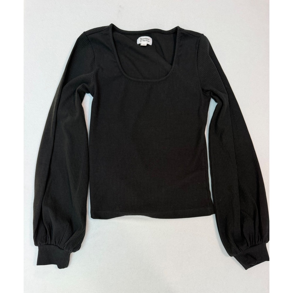Lucyswhims x The Drop Black Ribbed Square Neck Balloon Sleeve Top XS TRI-LW-06